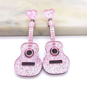 Pink Guitar Lightweight Earrings Pink Sparkle